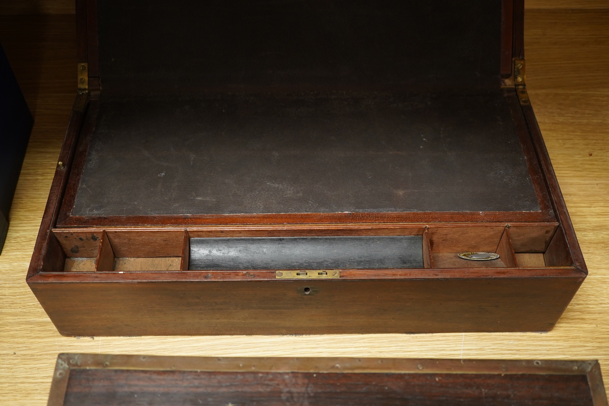 A 19th century brass inlay rosewood writing box an mahogany writing box, 42cm wide x 18cm high
